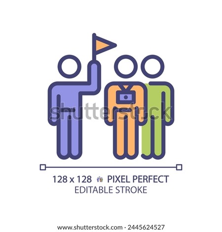 Touristic group trip pixel perfect RGB color icon. Wildlife tourism, adventure travel. Sightseeing journey. Isolated vector illustration. Simple filled line drawing. Editable stroke