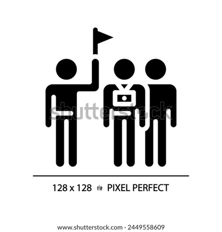 Touristic group trip pixel perfect black glyph icon. Wildlife tourism, adventure travel. Sightseeing journey. Silhouette symbol on white space. Solid pictogram. Vector isolated illustration