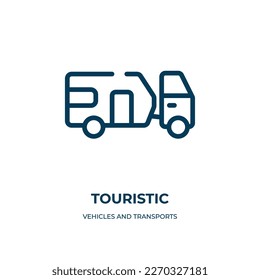Touristisches Symbol. Lineare Vektorgrafik von Fahrzeugen und Transportsammlung. Umriss touristischer Icon Vektor. Dünnliniensymbol für Web- und mobile Apps, Logo, Printmedien.