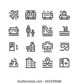 Touristic  icon set. Plane, bus, trolleybus, boat, aqua park, pool, hotel, alcohol, diving, bicycle, sea, medical insurance