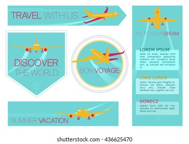 Touristic labels set, with planes and advertising messages. Can be used as a printed stationery, stickers or website's design elements.