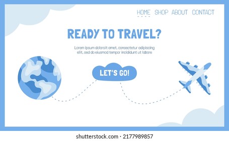 Touristic landing page concept with globe, plane and clouds. Ready to use design for your website. Place for text. Tourism day. Blue cold colors. Hand drawn cartoon flat vector illustration