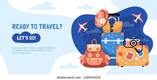 Touristic landing page or flyer concept with various luggage, camera, planes and travel themed objects