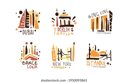 Touristic Logo Templates Design, Travel over the World, Dubai, Berlin, Hong Kong, Barcelona, New York, Istanbul Emblems Hand Drawn Vector Illustration