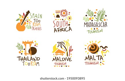 Touristic Logo Templates Design, Travel over the World, Spain, Madagascar, South Africa, Maldive, Malta, Thailand Emblems Hand Drawn Vector Illustration