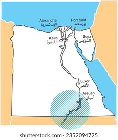 Touristic map of egypt with cities, nile and Naser dam minimalist style