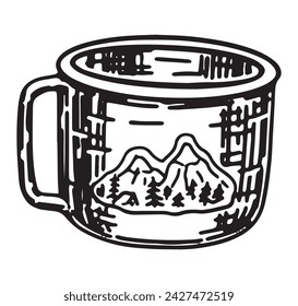 Touristic metal mug sketch. Clipart of travel cup, camping tableware, hiking tools. Hand drawn vector illustration isolated on white.