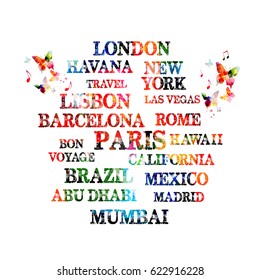 Touristic most famous destinations in the world. Typography travel vector illustration