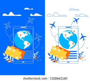 Touristic Online Services, Mobile Apps for Booking Airline Tickers, Searching Flight Schedules Flat Vector Banner Templates. Flight Pass, Airliner Flying around Globe, Travel Destinations Illustration
