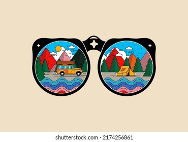 Touristic outdoors adventure vacation badge or sticker or t-shirt design template with front of binoculars silhouette with colorful mountain camping camping scenery in lens. Vector illustration