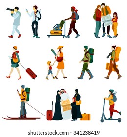 Touristic people set with males and females with backpacks and maps isolated vector illustration