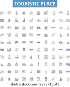 Touristic place line icons, signs set. tourist, place, destination, attraction, sightseeing, holiday, explore, attraction, excursion outline vector illustrations.