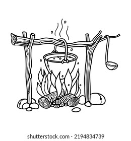 Touristic pot on fire of burning campfire in camping in the hike. Cooking food in forest on wooden firewood. Engraving outline Vector Illustration for coloring book