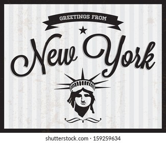 Touristic Retro Vintage Greeting sign, Typographical background "Greetings from New York", Vector design. Texture effects can be easily turned off.