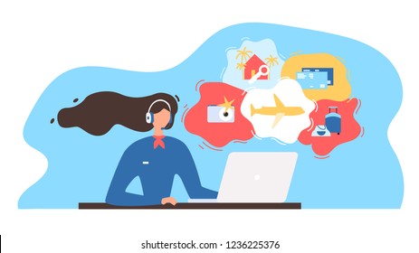 Touristic Service Flat Vector Illustration with Travel Company Manager, Airline Call Canter Manager Wearing Headset, Using Laptop, Consulting Clients on Phone or Online. Choosing Vacation Tour Concept