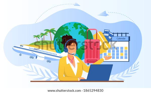 Touristic\
service with travel company manager. Airline call center manager\
wearing headset, using laptop, consulting customers. Choosing\
vacation tour concept. Vector\
illustration