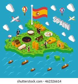 Touristic Spain isometric map with culture and sightseeing symbols vector illustration 