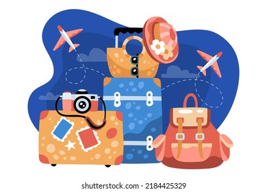 Touristic spot illustration or concept with various luggage, camera, planes and travel themed objects