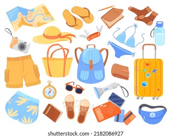 Touristic stuffs. Tourist lifestyle accessories, traveling rucksack luggage summer clothes travel trip recreation things camera passport bikini journey bag neat vector illustration