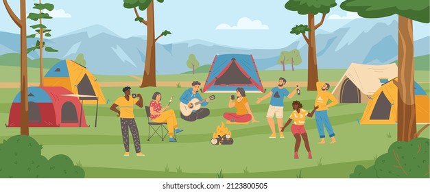 Touristic summer campground or camping area in clearing in forest with dancing and resting people. Tourism in nature and forest campsite, flat cartoon vector illustration.
