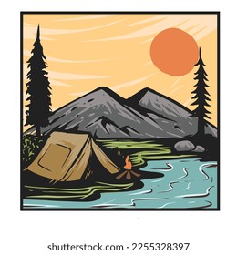 Touristic summer campground with tents, picnic blankets, sleeping bags and backpacks. Camping area in clearing in forest. Tourism in nature. Colored flat vector horizontal illustration