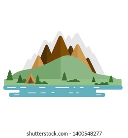 Touristic tent and river. Mountins and green hills river. Touristic banner and poster. 