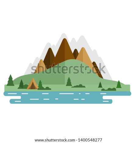 Touristic tent and river. Mountins and green hills river. Touristic banner and poster. 