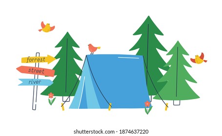 Touristic Tent In Wild Forest With Flying Birds And Road Pointer. Concept Of Travel, Recreation And Ecotourism. Beautiful Landscape With Campground In The Woods. Flat Vector Cartoon Illustration