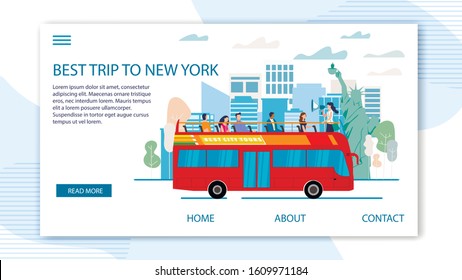 Touristic Tour to United States Trendy Flat Vector Web Banner, Landing Page Template. Tourists Group Visiting New York, Exploring Famous Attractions from Double-Decker, Open Top Bus Illustration