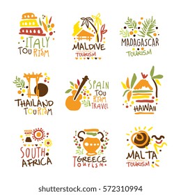 Touristic Travel Agency Set Of Colorful Promo Sign Design Templates With Different Tourism Countries And Their Famous Objects