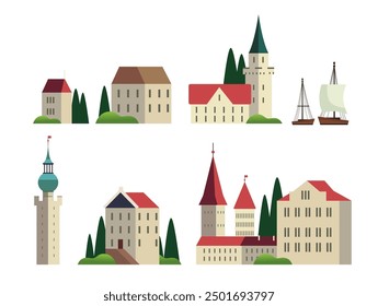 Touristic travel cards tickets series various travel destinations castles buildings trees ships flat design