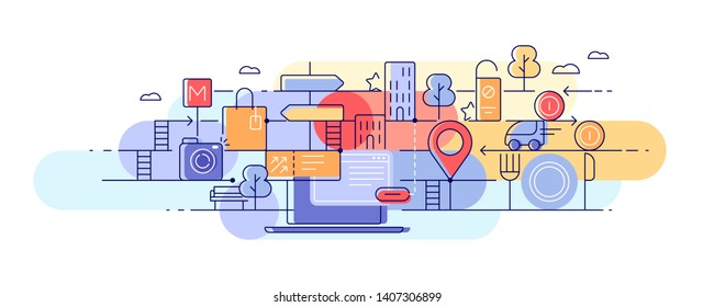 Touristic website, city travels, city map, online booking, tickets ordering, hotel, transport, entertainment. Modern horizontal illustration, web banner, pattern. Vector file.