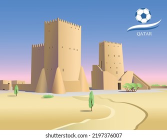 Touristl poster The historic Barzan Towers in Doha (Qatar). Vector realistic art illustration