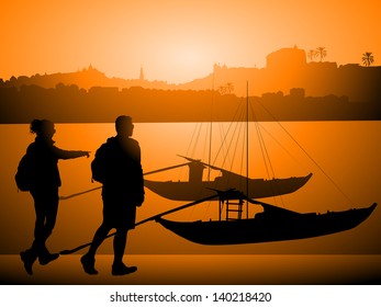 Tourists against Boats on Douro river, Porto Portugal