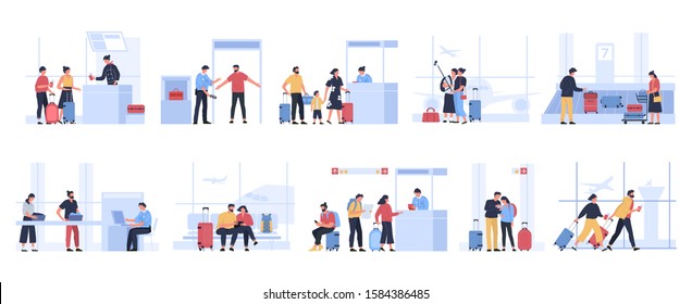 Tourists in airport. People waiting for plane in terminal, tourist characters receive passport control, pass luggage inspection or get luggage vector illustration set. Passengers before departure