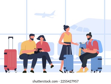 Tourists in airport. Young couples traveling with luggage, people sitting departure lounge and waiting for flight. Man and woman with baggage watching films on tablet, playing on phone vector