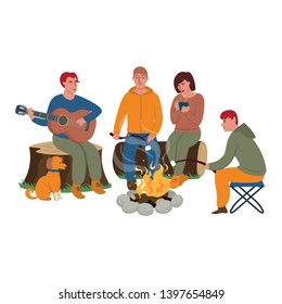 Tourists around the campfire. Tourists are playing the guitar, drinking hot tea and roasting marshmallows. Flat vector illustration in cartoon style.