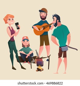 Turistas por la fogata. 
Sentado con guitarra. Verano, viajes, 
campamento. Ilustración del vector