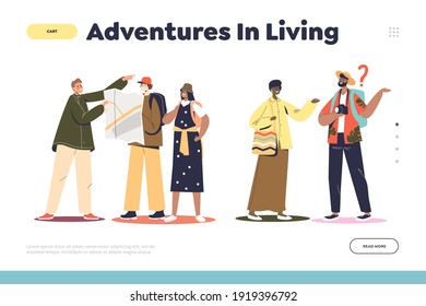 Tourists Ask Way. Adventures In Living Concept Of Landing Page Template With Lost Travelers Ask People For Help With Finding Direction On Map. Flat Vector Illustration