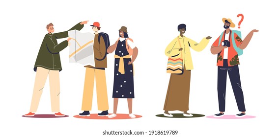 Tourists Ask Way. Lost Travelers During Walk Ask People For Help With Finding Direction On Map To Sightseeing. Tourism And Travel Concept. Flat Vector Illustration