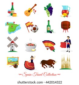 Tourists attractions in spain and national cultural symbols wine and food flat icons collection abstract vector isolated illustration