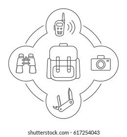 Tourist's backpack contents linear icons set. Walkie-talkie, photo camera, binoculars, penknife. Isolated vector illustrations