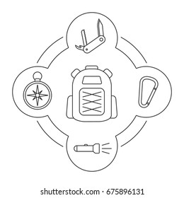 Tourist's backpack contents linear icons set. Penknife, carabiner, flashlight, compass. Isolated vector illustrations