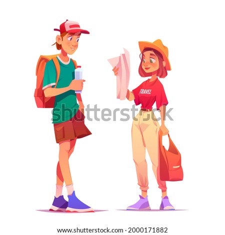 Tourists backpackers learning map searching way. Travelers man and woman hiking adventure, summer vacation trip. Characters travel, choosing walking route in foreign city, Cartoon vector illustration