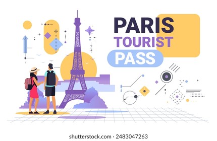 Tourists with backpacks admire Eiffel Tower in Paris with abstract geometric elements and sunset background