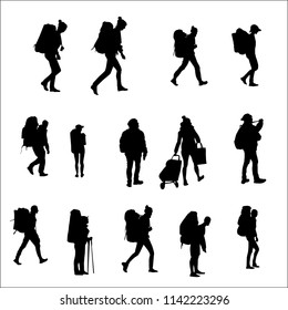 Tourists with backpacks go, silhouette vector