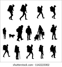 Tourists with backpacks go, silhouette vector