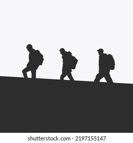 Tourists with backpacks go, silhouette vector, outdoor hiking