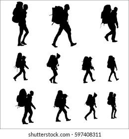 Tourists with backpacks go, silhouette vector