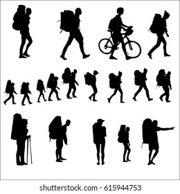 Tourists with backpacks go, silhouette vector